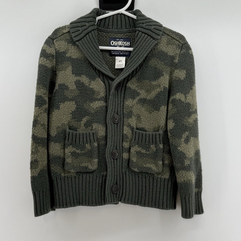 OshKosh B'gosh Boys Camouflage Cardigan Size 4T Army Green Grandpa Sweater